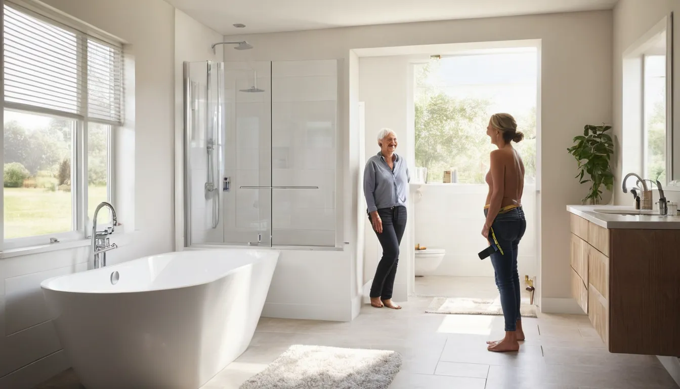 A friendly homeowner looking over a walk-in tub in a bright bathroom in Los Angeles