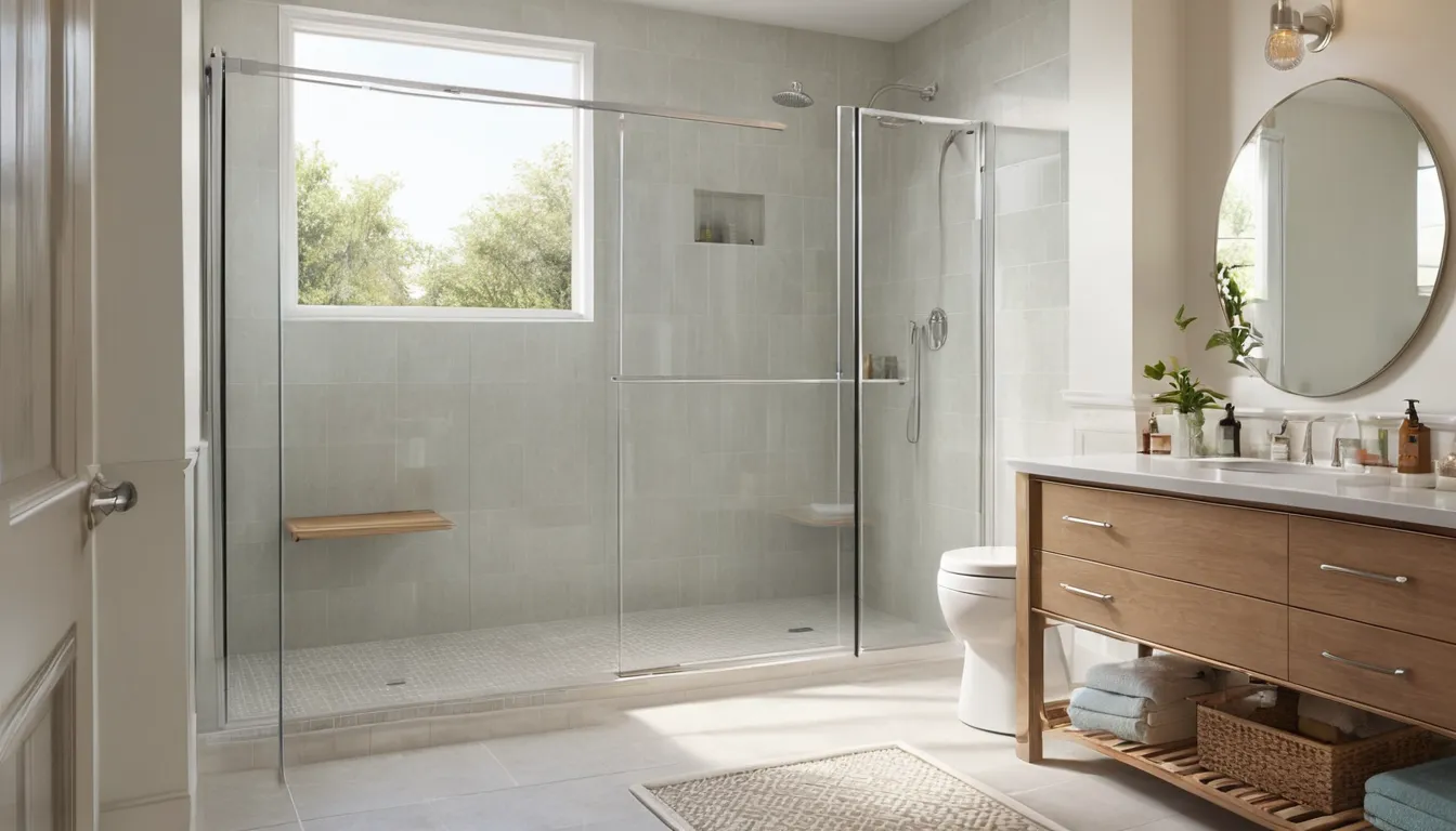 Homeowner looking over a new low-entry shower with grab bar in a bright bathroom in Los Angeles